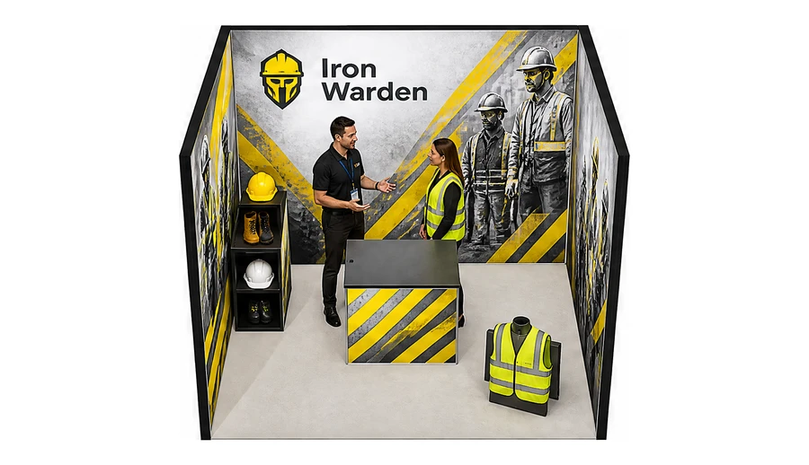 Stoisko 3 × 3 m szeregowe dla branży BHP i odzież ochronna, przykładowa marka Iron Warden