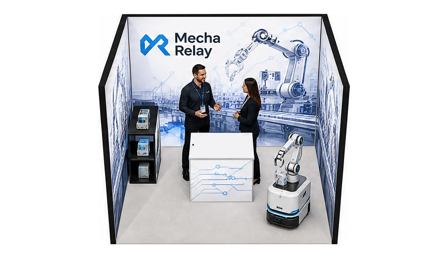 Stoisko 3 × 3 m szeregowe dla branży automatyka przemysłowa, przykładowa marka Mecha Relay