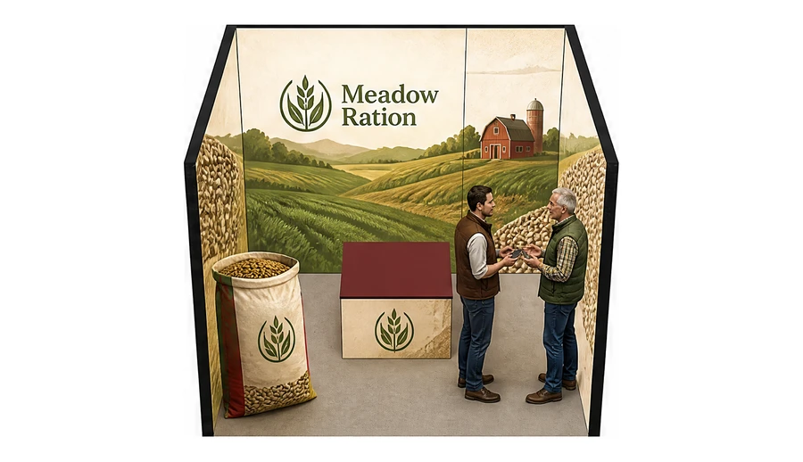 Stoisko 3 × 3 m szeregowe dla branży hodowla i pasze, przykładowa marka Meadow Ration