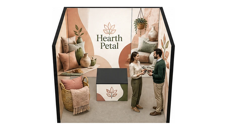 Stoisko 3 × 3 m szeregowe dla branży dekoracje i upominki, przykładowa marka Hearth Petal