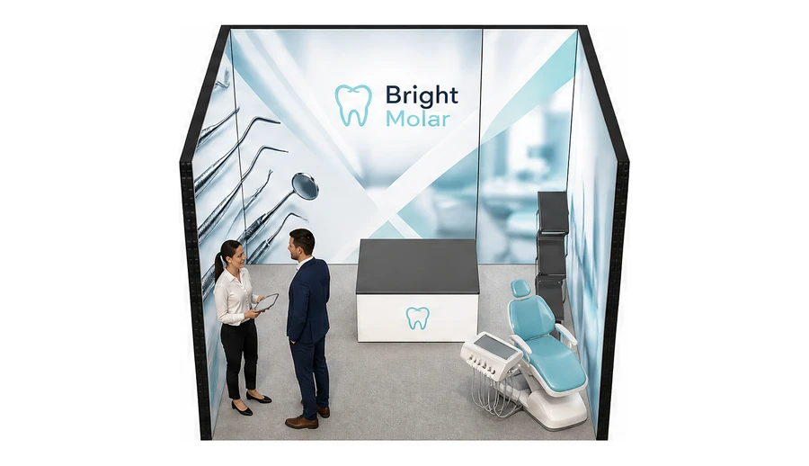 Stoisko 3 × 3 m szeregowe dla branży stomatologia, przykładowa marka Bright Molar