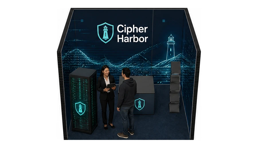 Stoisko 3 × 3 m szeregowe dla branży cyberbezpieczeństwo, przykładowa marka Cipher Harbor