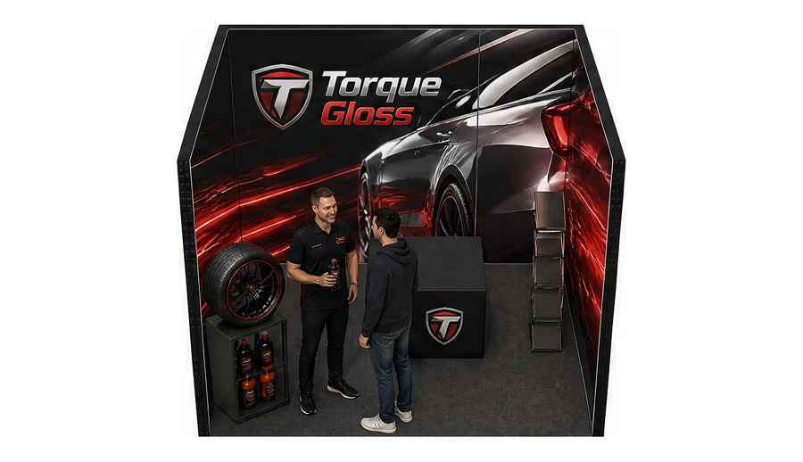 Stoisko 3 × 3 m szeregowe dla branży tuning i detailing, przykładowa marka Torque Gloss
