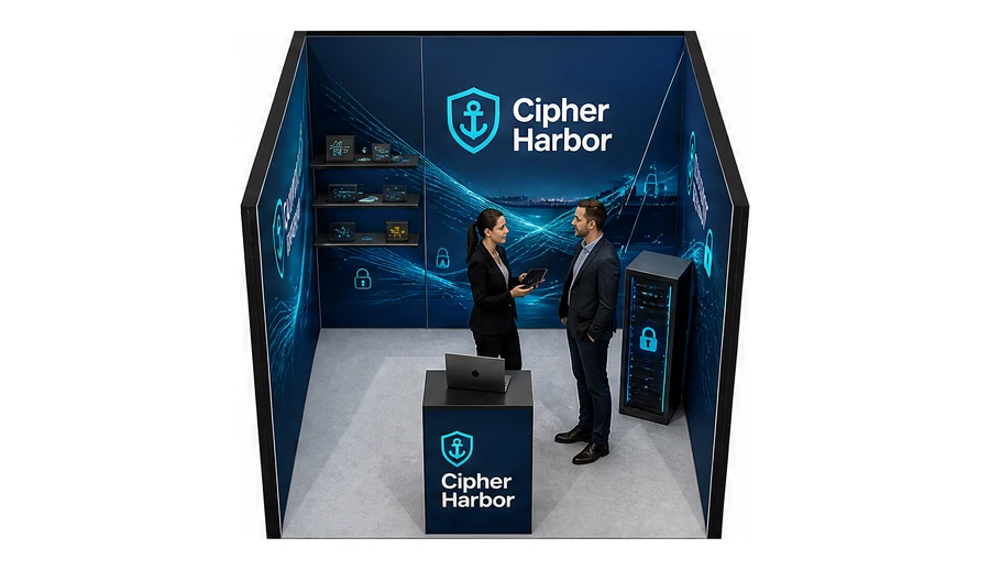 Stoisko 3 × 3 m szeregowe dla branży cyberbezpieczeństwo, przykładowa marka Cipher Harbor