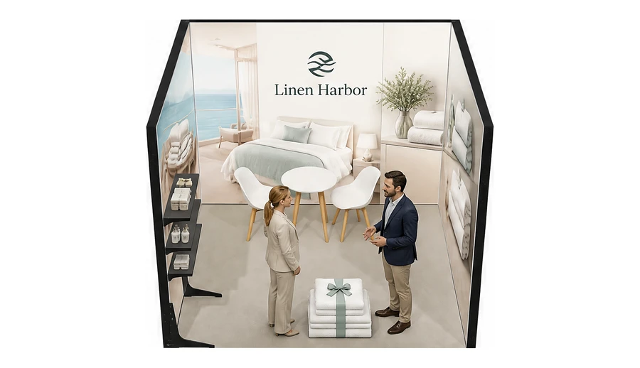 Stoisko 3 × 3 m szeregowe dla branży wyposażenie hoteli, przykładowa marka Linen Harbor