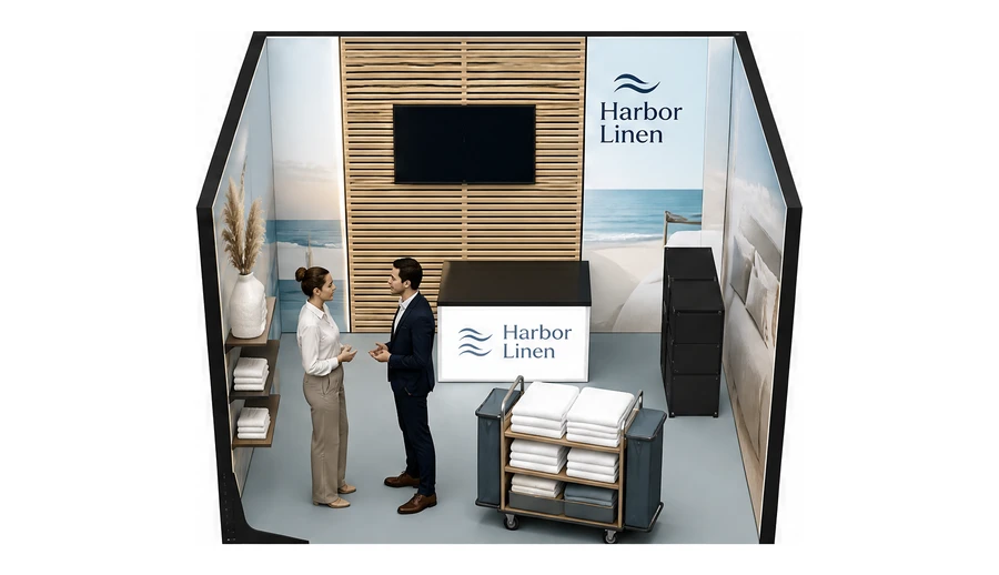 Stoisko 3 × 3 m szeregowe dla branży wyposażenie hoteli, przykładowa marka Harbor Linen
