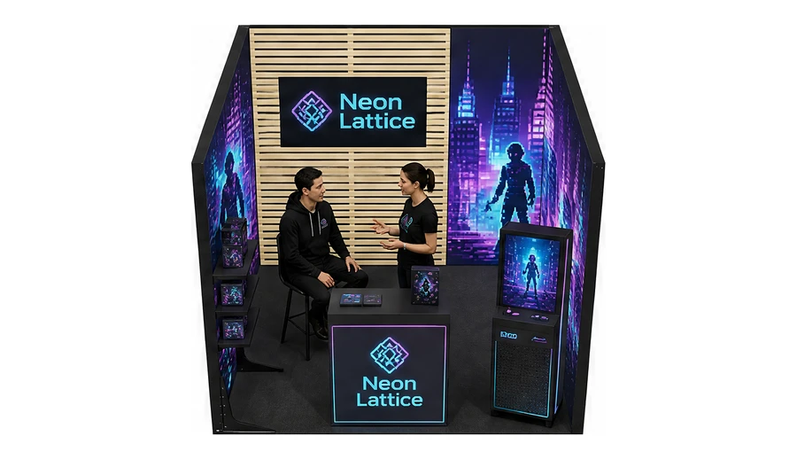 Stoisko 3 × 3 m szeregowe dla branży gry wideo, przykładowa marka Neon Lattice