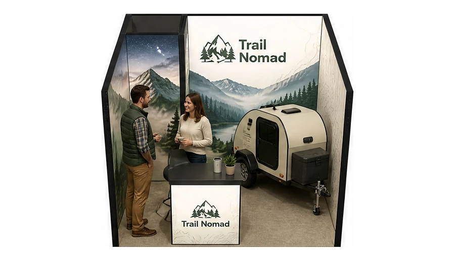 Stoisko 3 × 3 m szeregowe dla branży caravaning i kampery, przykładowa marka Trail Nomad