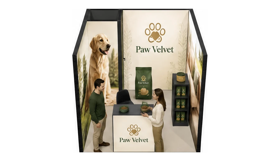 Stoisko 3 × 3 m szeregowe dla branży karma dla zwierząt, przykładowa marka Paw Velvet