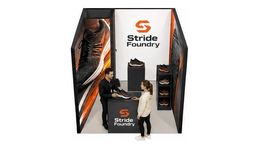 Stoisko 3 × 3 m szeregowe dla branży obuwie, przykładowa marka Stride Foundry