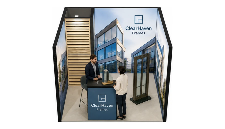 Stoisko 3 × 3 m szeregowe dla branży okna i drzwi, przykładowa marka ClearHaven Frames