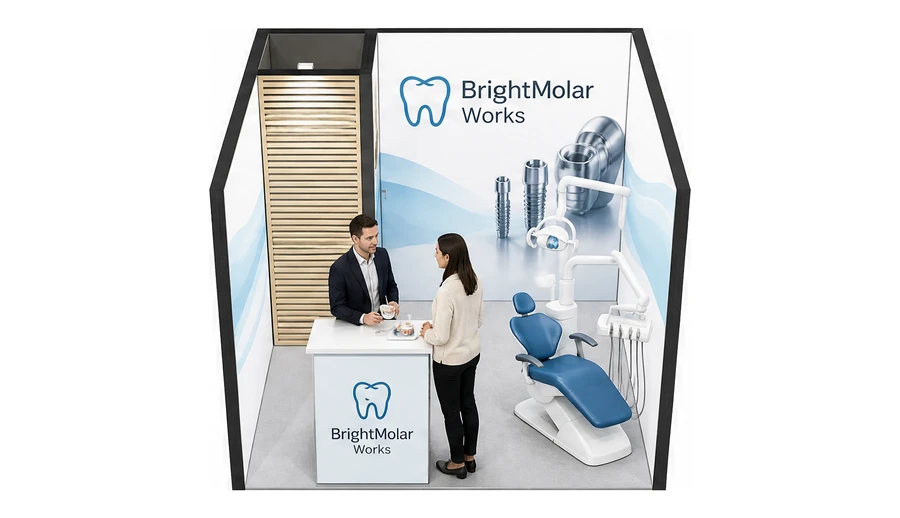 Stoisko 3 × 3 m szeregowe dla branży stomatologia, przykładowa marka BrightMolar Works