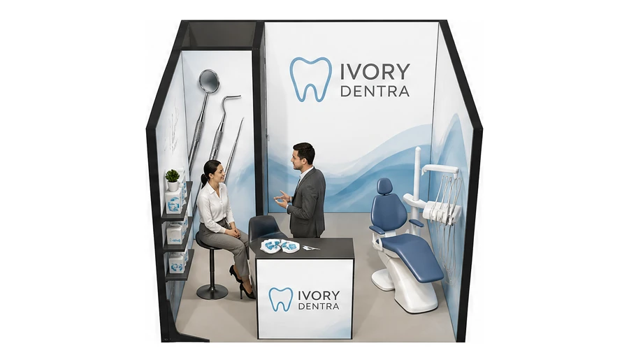 Stoisko 3 × 3 m szeregowe dla branży stomatologia, przykładowa marka Ivory Dentra
