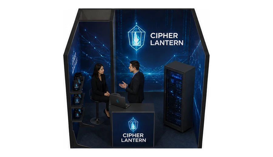 Stoisko 3 × 3 m szeregowe dla branży cyberbezpieczeństwo, przykładowa marka Cipher Lantern