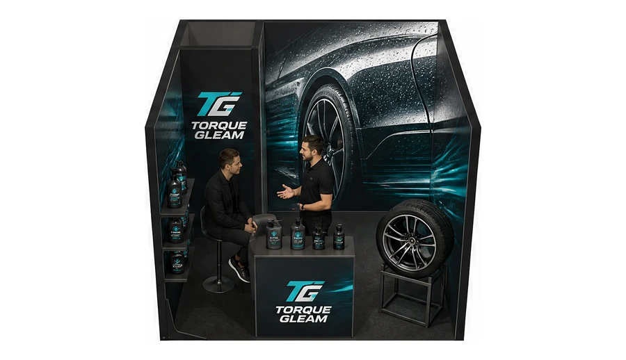 Stoisko 3 × 3 m szeregowe dla branży tuning i detailing, przykładowa marka Torque Gleam