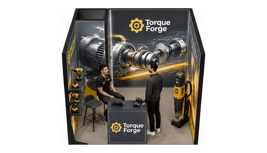 Stoisko 3 × 3 m szeregowe dla branży elektronarzędzia, przykładowa marka Torque Forge
