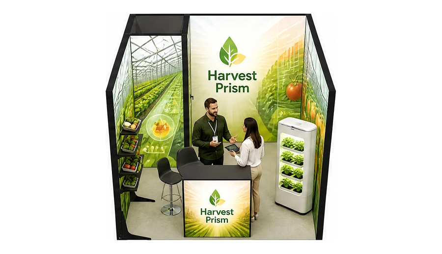 Stoisko 3 × 3 m szeregowe dla branży sadownictwo i warzywnictwo, przykładowa marka Harvest Prism