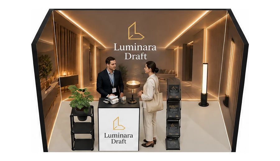Stoisko 4 × 2 m szeregowe dla branży oświetlenie, przykładowa marka Luminara Draft