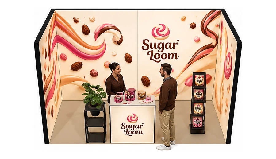 Stoisko 4 × 2 m szeregowe dla branży słodycze i przekąski, przykładowa marka Sugar Loom