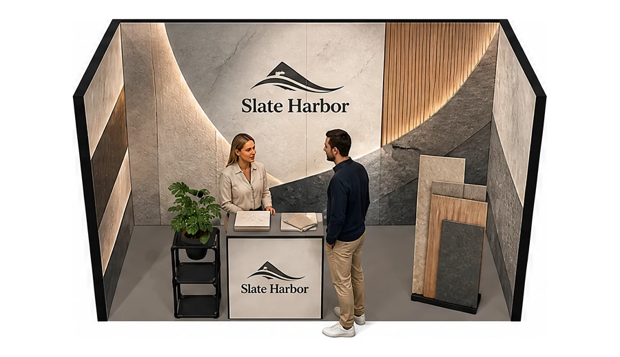 Stoisko 4 × 2 m szeregowe dla branży wykończenie wnętrz, przykładowa marka Slate Harbor