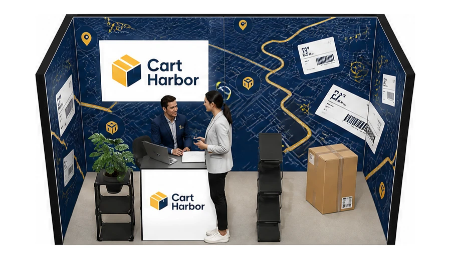 Stoisko 4 × 2 m szeregowe dla branży e-commerce, przykładowa marka Cart Harbor