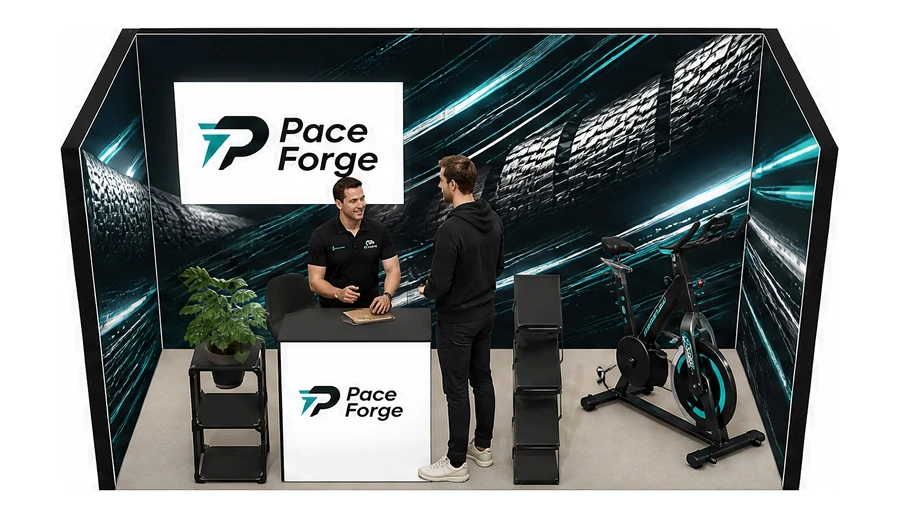 Stoisko 4 × 2 m szeregowe dla branży sprzęt sportowy, przykładowa marka Pace Forge