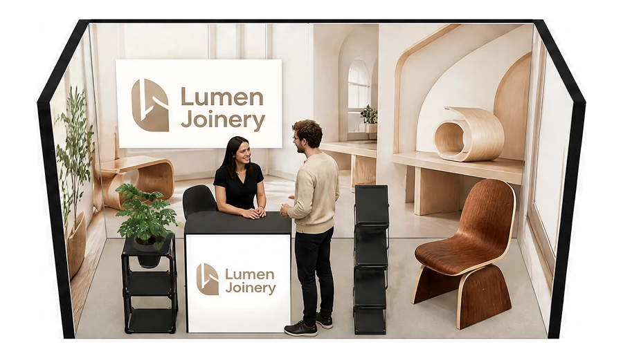 Stoisko 4 × 2 m szeregowe dla branży meble designerskie, przykładowa marka Lumen Joinery