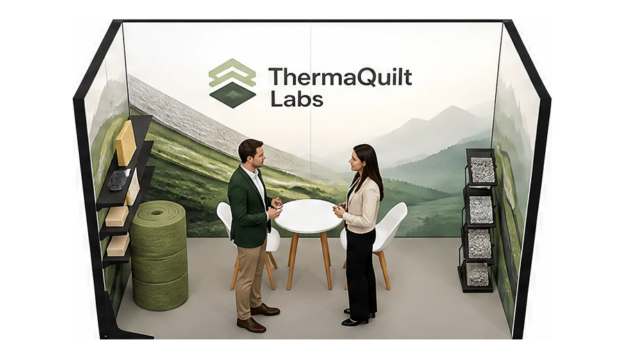 Stoisko 4 × 2 m szeregowe dla branży izolacje techniczne, przykładowa marka ThermaQuilt Labs