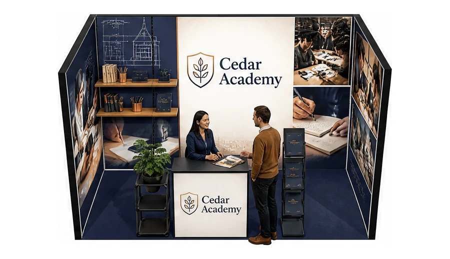 Stoisko 4 × 2 m szeregowe dla branży edukacja i szkolenia, przykładowa marka Cedar Academy