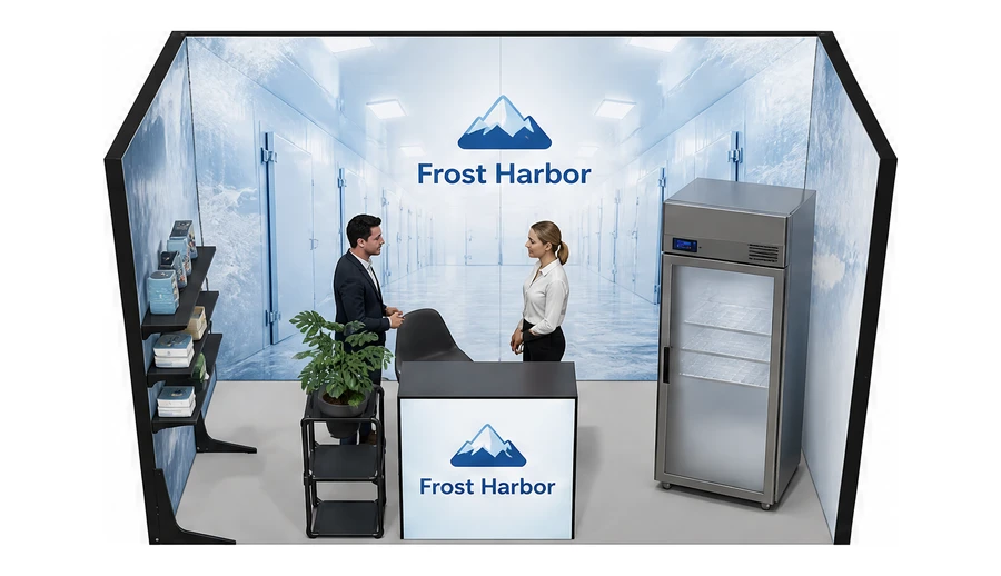 Stoisko 4 × 2 m szeregowe dla branży łańcuch chłodniczy, przykładowa marka Frost Harbor
