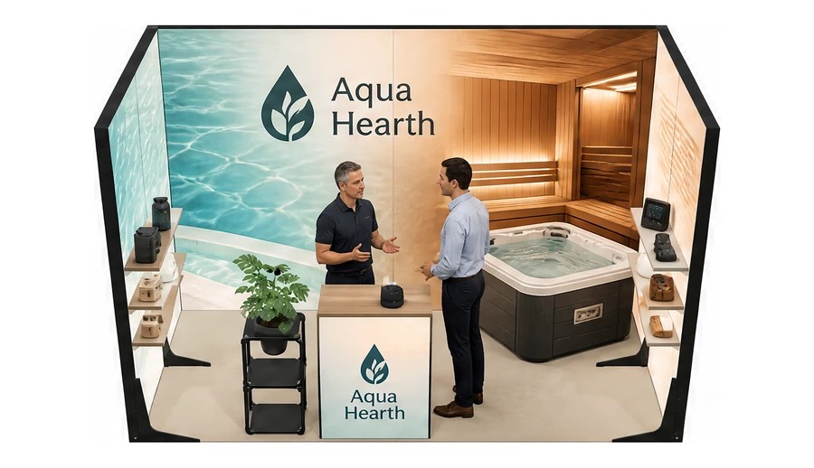 Stoisko 4 × 2 m szeregowe dla branży baseny i sauny, przykładowa marka Aqua Hearth