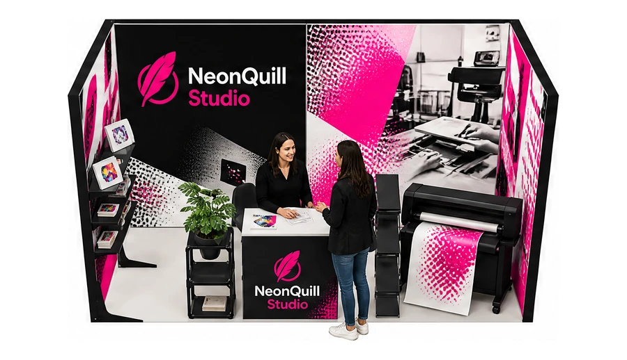 Stoisko 4 × 2 m szeregowe dla branży reklama i druk, przykładowa marka NeonQuill Studio