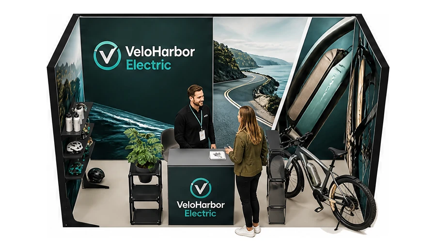 Stoisko 4 × 2 m szeregowe dla branży rowery elektryczne, przykładowa marka VeloHarbor Electric