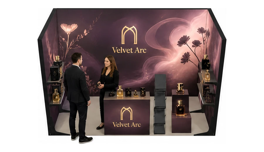 Stoisko 4 × 2 m szeregowe dla branży perfumy, przykładowa marka Velvet Arc