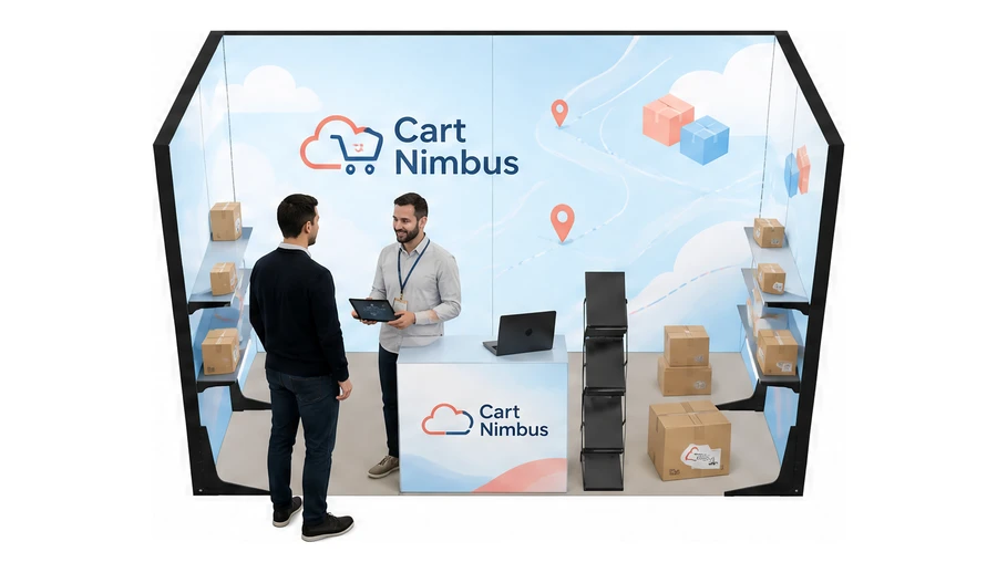 Stoisko 4 × 2 m szeregowe dla branży e-commerce, przykładowa marka Cart Nimbus