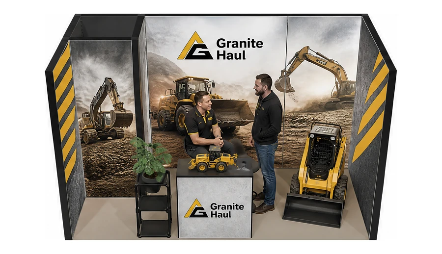 Stoisko 4 × 2 m szeregowe dla branży maszyny budowlane, przykładowa marka Granite Haul
