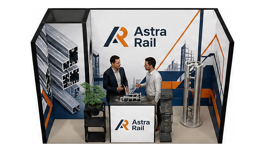 Stoisko 4 × 2 m szeregowe dla branży profile aluminiowe, przykładowa marka Astra Rail