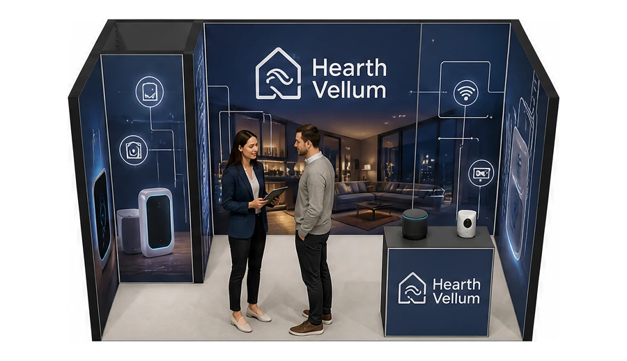 Stoisko 4 × 2 m szeregowe dla branży smart home i IoT, przykładowa marka Hearth Vellum