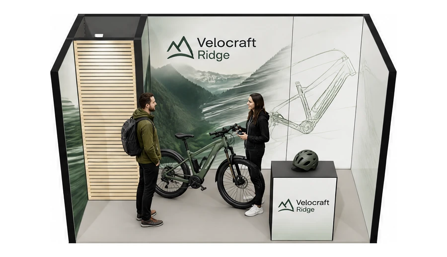 Stoisko 4 × 2 m szeregowe dla branży rowery elektryczne, przykładowa marka Velocraft Ridge