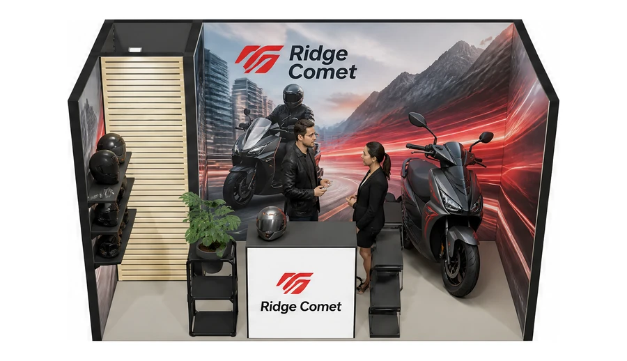 Stoisko 4 × 2 m szeregowe dla branży motocykle i skutery, przykładowa marka Ridge Comet