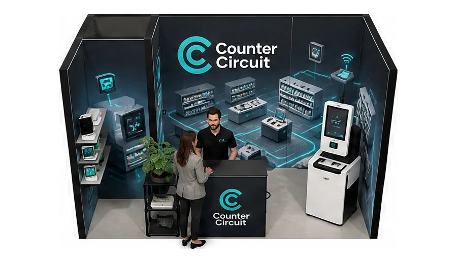 Stoisko 4 × 2 m szeregowe dla branży technologie dla handlu, przykładowa marka Counter Circuit