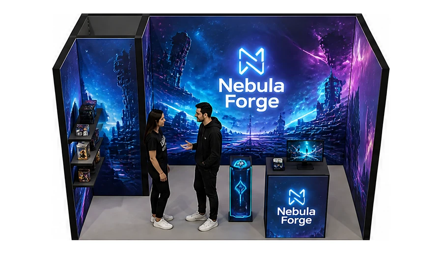 Stoisko 4 × 2 m szeregowe dla branży gry wideo, przykładowa marka Nebula Forge