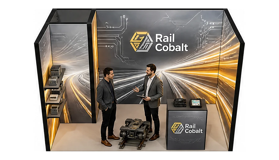 Stoisko 4 × 2 m szeregowe dla branży kolej i tabor, przykładowa marka Rail Cobalt
