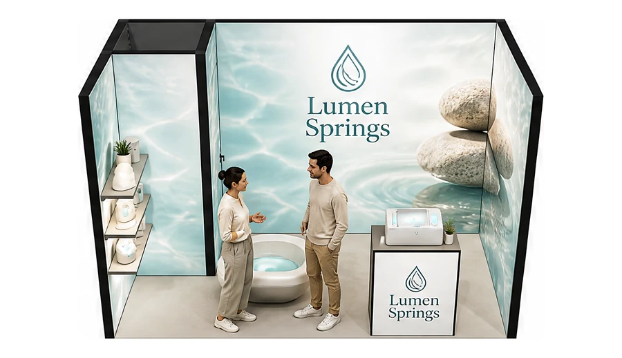 Stoisko 4 × 2 m szeregowe dla branży spa i wellness, przykładowa marka Lumen Springs