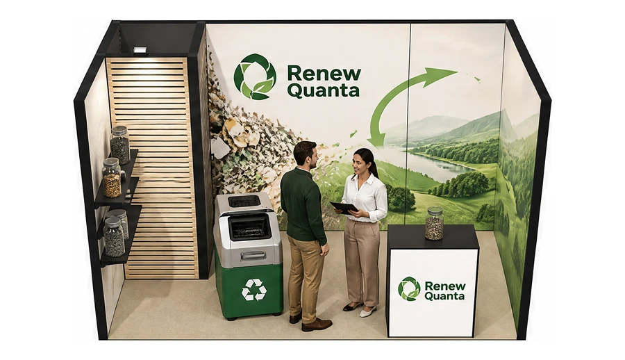 Stoisko 4 × 2 m szeregowe dla branży recykling i ochrona środowiska, przykładowa marka Renew Quanta