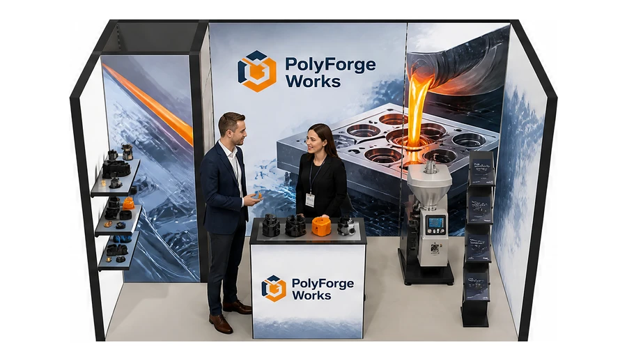 Stoisko 4 × 2 m szeregowe dla branży przetwórstwo tworzyw, przykładowa marka PolyForge Works