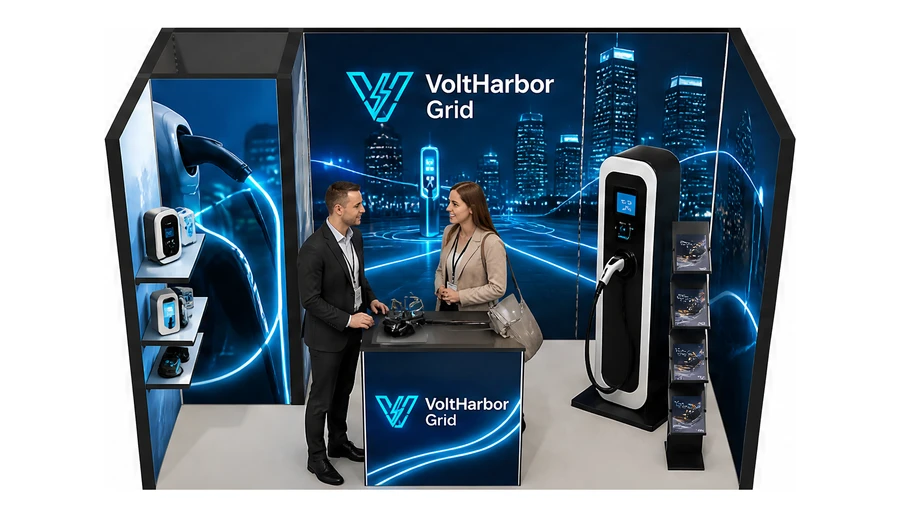 Stoisko 4 × 2 m szeregowe dla branży elektromobilność i ładowarki, przykładowa marka VoltHarbor Grid