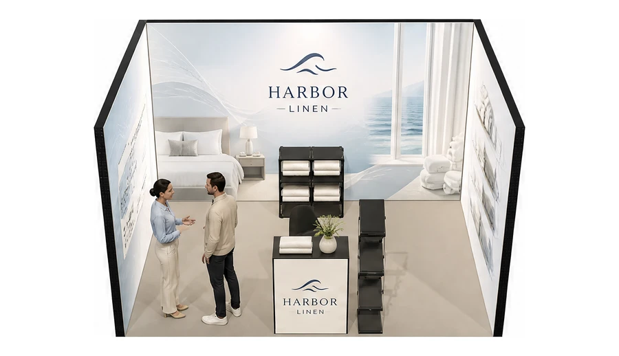 Stoisko 4 × 3 m szeregowe dla branży wyposażenie hoteli, przykładowa marka Harbor Linen