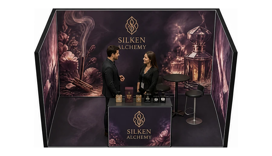 Stoisko 4 × 3 m szeregowe dla branży perfumy, przykładowa marka Silken Alchemy