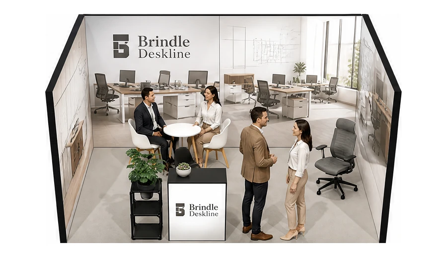 Stoisko 4 × 3 m szeregowe dla branży meble biurowe, przykładowa marka Brindle Deskline